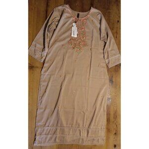 Janasya Womens XL Outfit Kurta 3 Pc Set Dupatta Pant Gold Floral Embroidery NWT